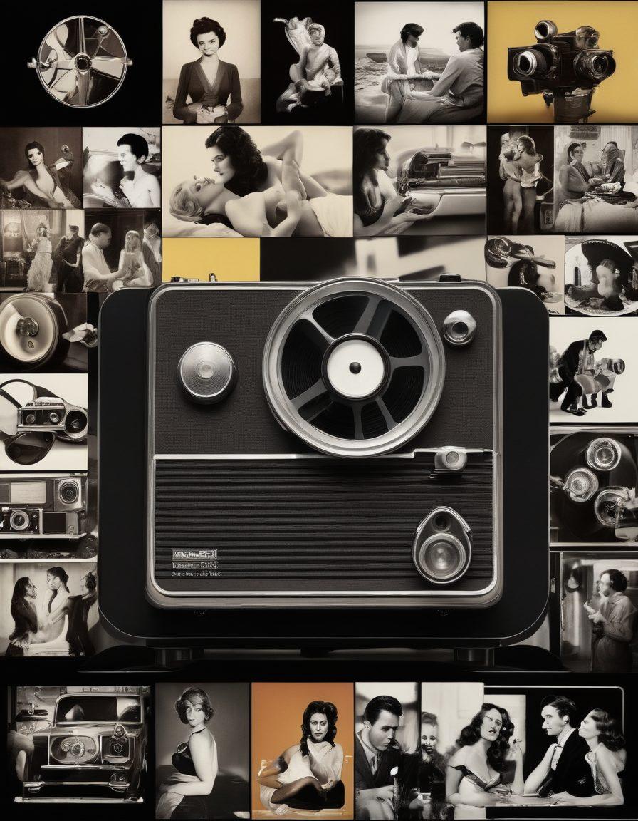 A visually striking collage showcasing the evolution of adult films and erotic content over the decades. The image features iconic scenes from different eras, from vintage black-and-white film reels to modern streaming platforms, interspersed with sensual artistic representations. Include symbols of societal changes and technology, like a vintage projector and a contemporary smartphone. The color palette shifts from sepia tones to vibrant, modern hues, illustrating the spectrum of this genre. super-realistic. vibrant colors. cinematic style.